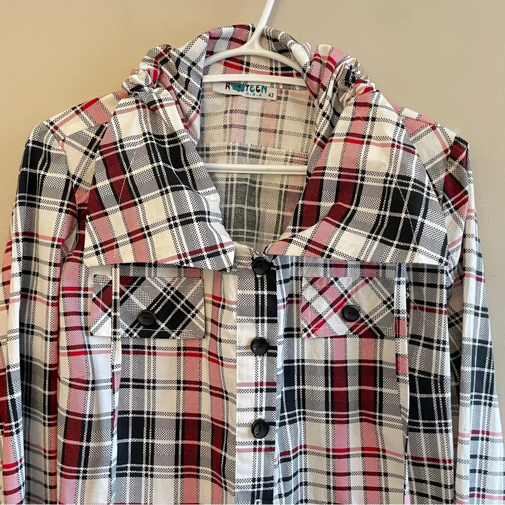 Vintage “K TEEN” White & Red Plaid Drawstring Collar Blouse –Size Large Like New - Picture 6 of 16